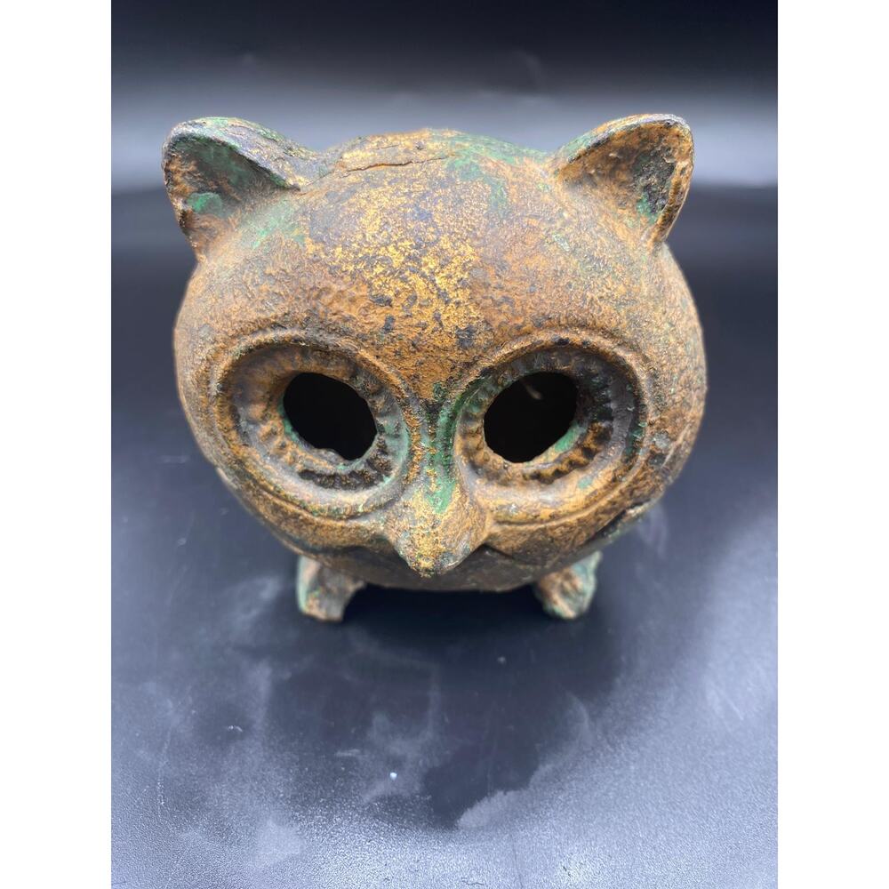 1960s Vintage Japanese Cast Gold Gilt Iron Owl Candle Incense Holder - Picture 2 of 5